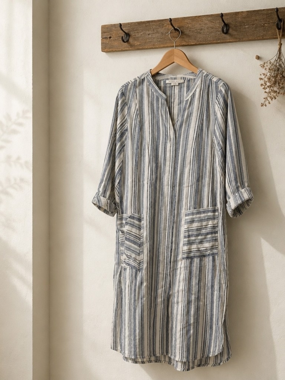 Striped Linen-Blend Tunic Dress in Blue and Cream